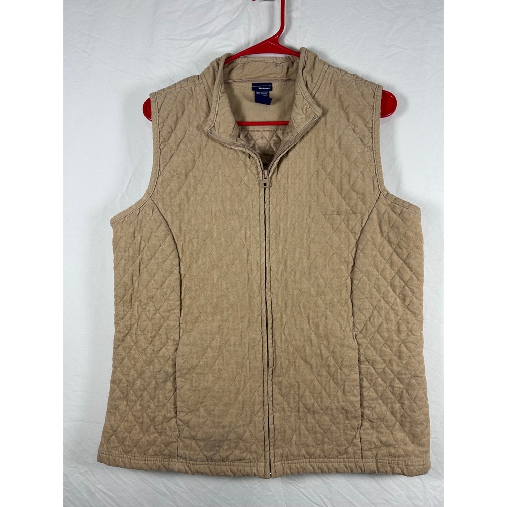 Basic Editions Quilted Vest Womens Large Tan Y2K Corduroy Zip Up‎